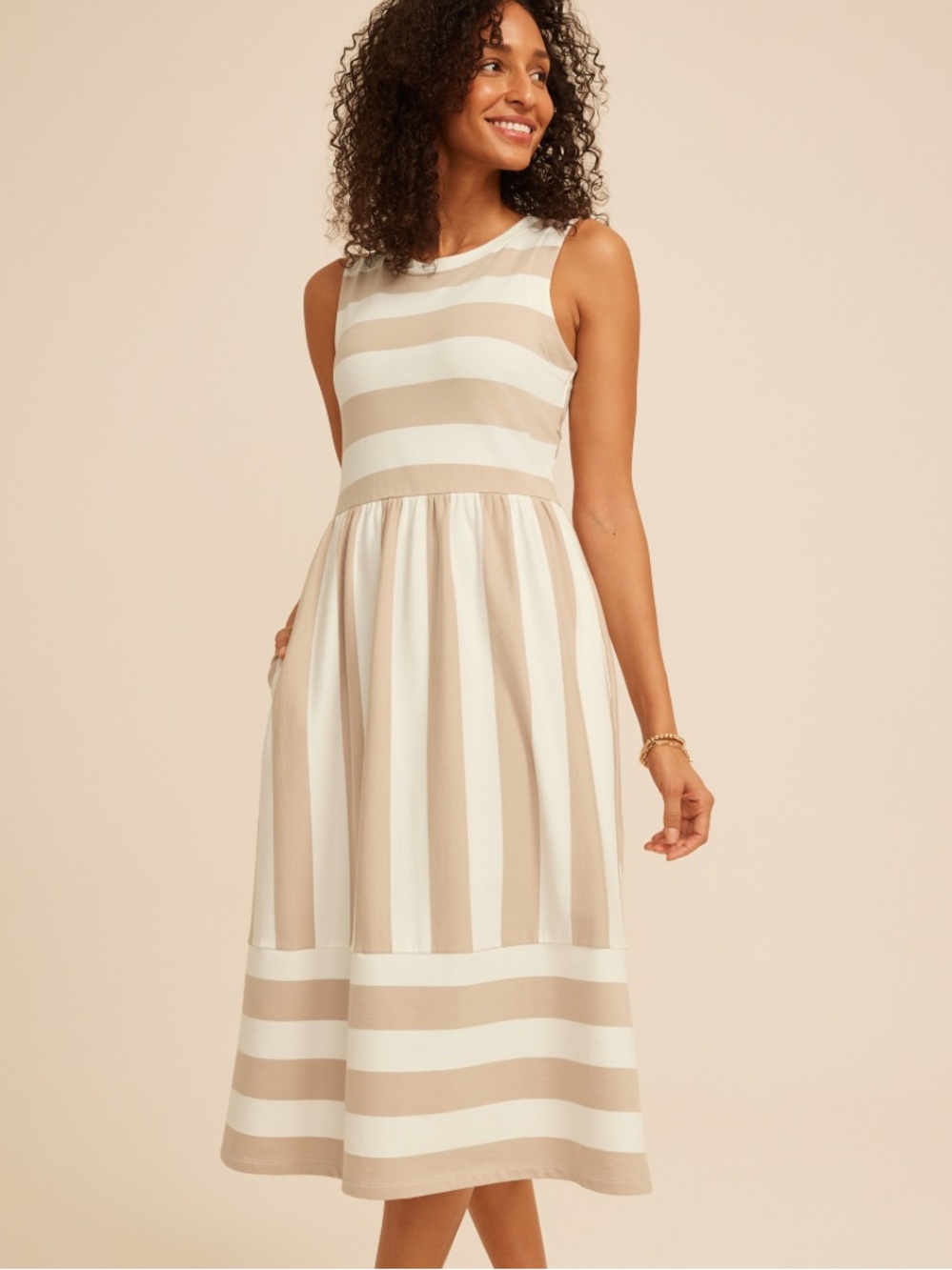 Maurices Beige and White Striped Sleeveless Midi Dress